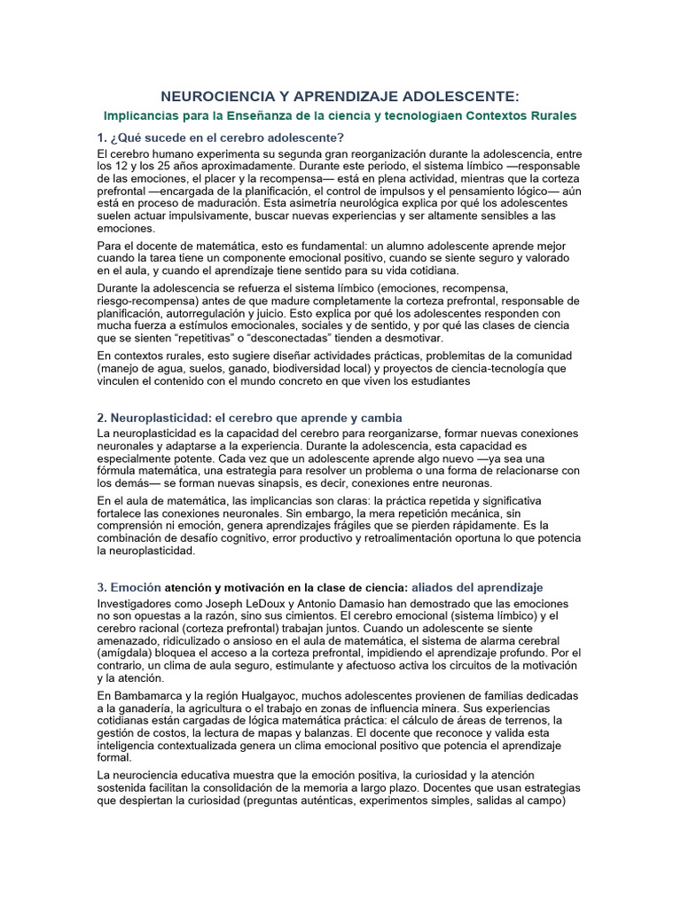 Neurociencia y Aprendizaje Adolescente-1 | PDF | Las emociones | Enseñando