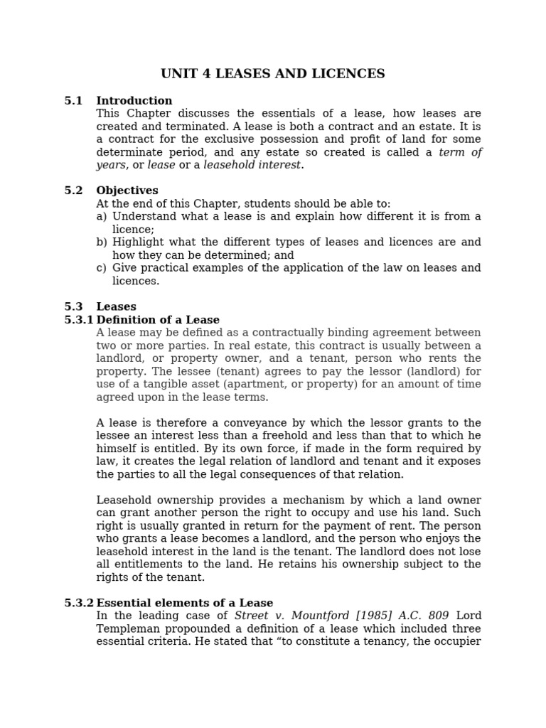 UNIT 4 LEASES AND LICENCES 2 | PDF | Leasehold Estate | Lease