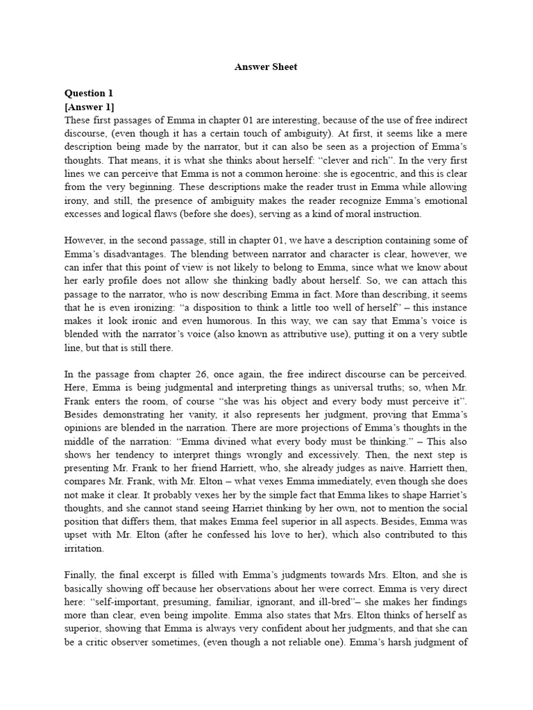 Answer Sheet | PDF | Emma (Novel) | Thought