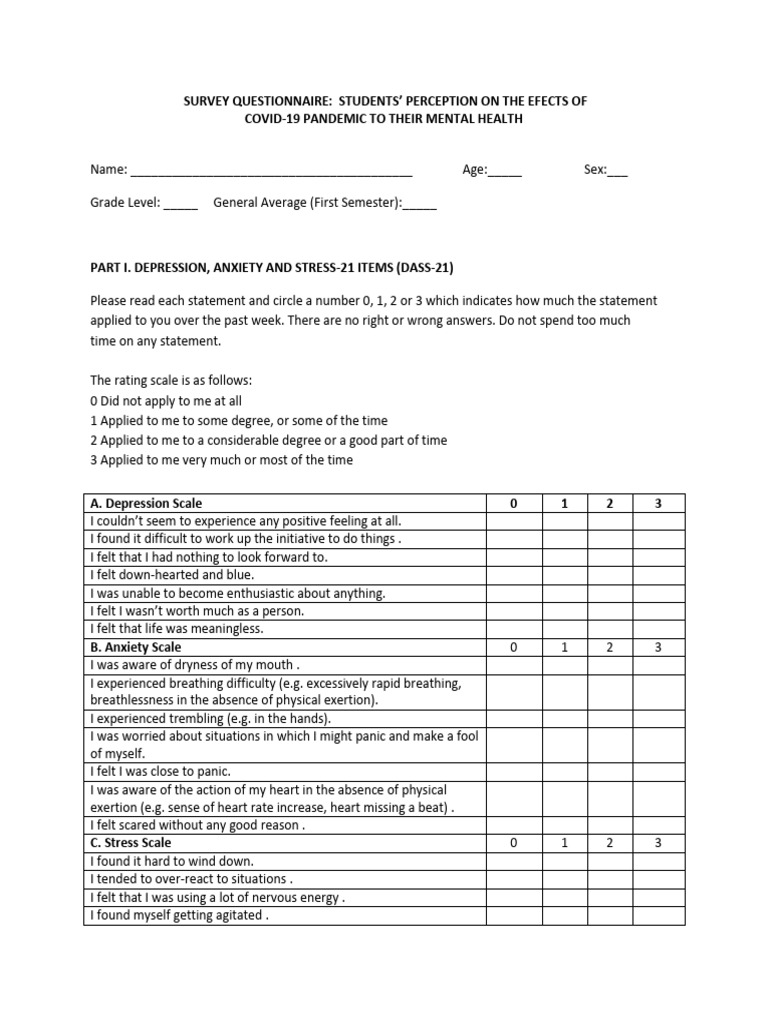 Survey Questionnaire | PDF | Anxiety | Major Depressive Disorder