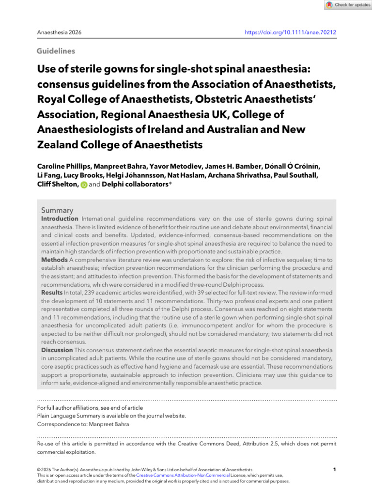 Anaesthesia - 2026 - Phillips - Use of Sterile Gowns for Single‐Shot ...