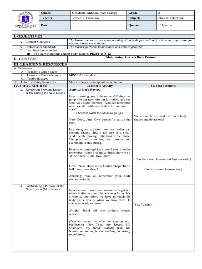 PE 2 - Detailed Lesson Plan | PDF | Learning