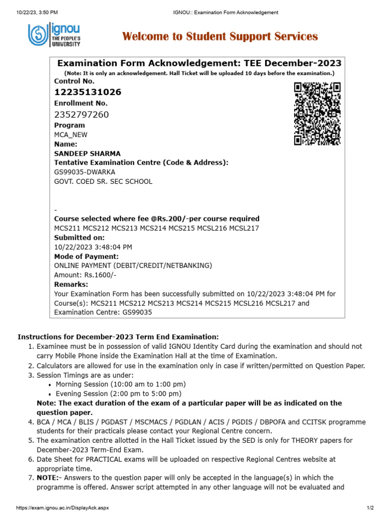 IGNOU__ Examination Form Acknowledgement | PDF