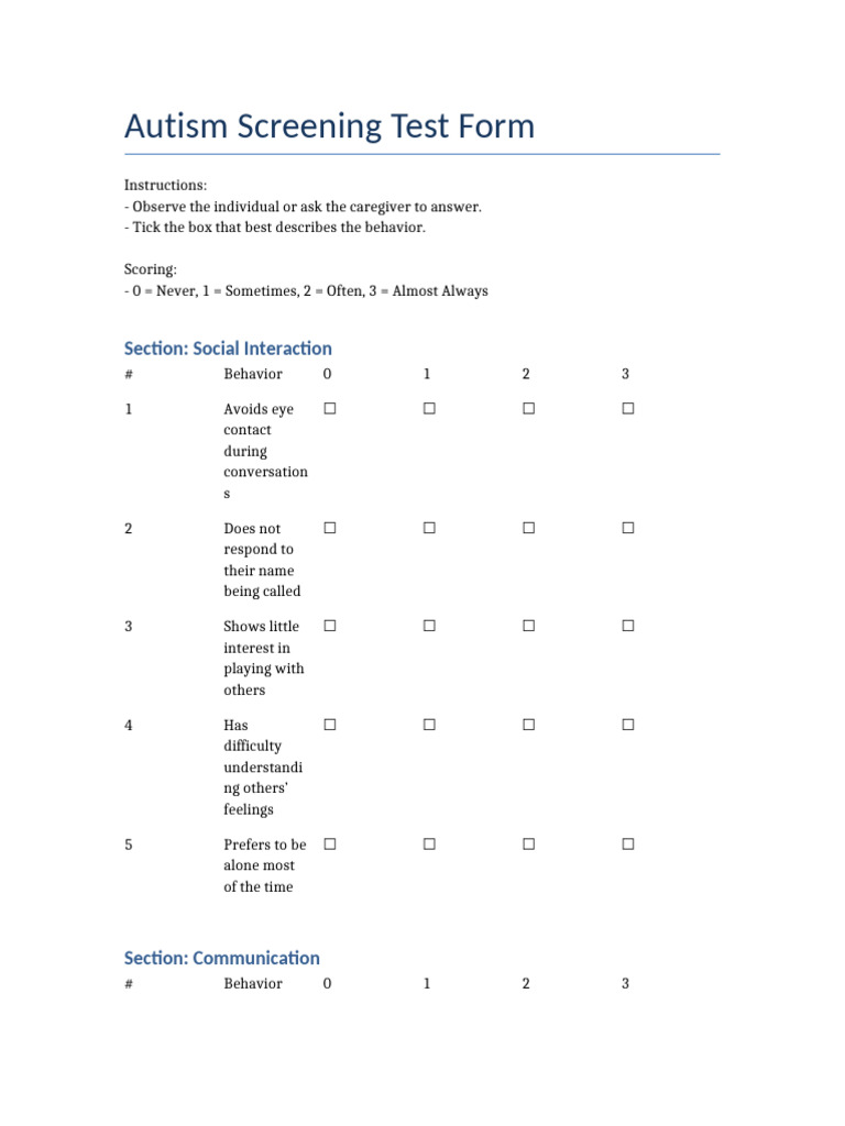 Autism Screening Test Form | PDF | Autism | Cognitive Science