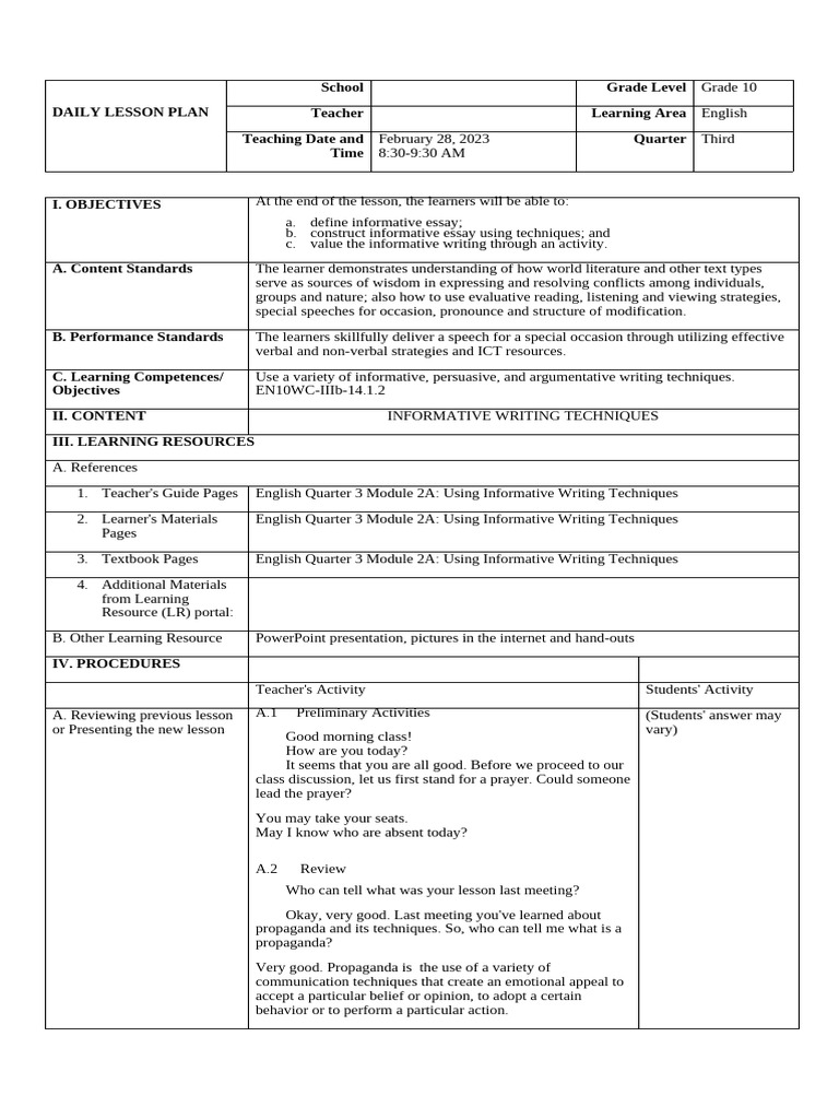 Informative Lesson Plan | PDF | Essays | Learning