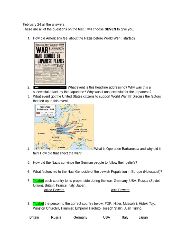 Copy of WWII Test Questions | PDF | Attack On Pearl Harbor | World War II
