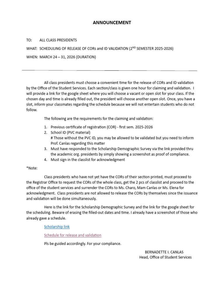 Announcement for Issuance of Cor and Id Validation | PDF