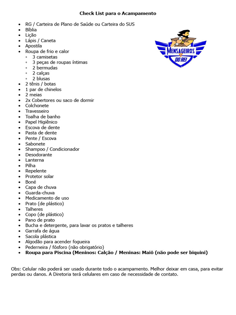 Check List para Acampamento - 100426 - Revisão1 | PDF