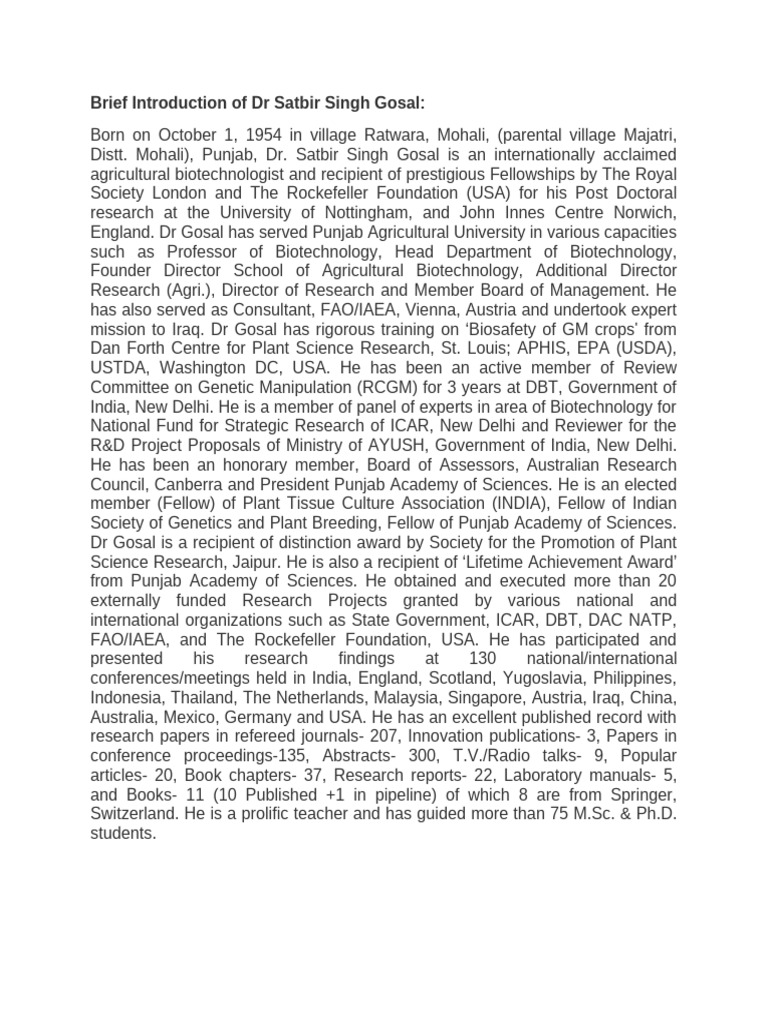 Brief Introduction of Dr Satbir Singh Gosal | PDF | Biotechnology ...