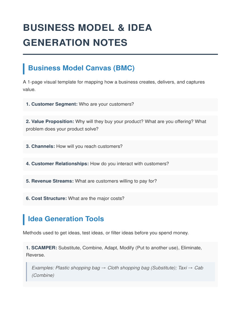 Business Model and Idea Generation Notes | PDF | Business Model | Business