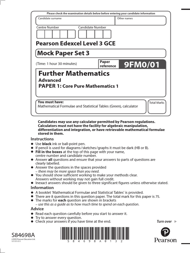 0s3 9FM0-01 Core Pure 1 - Mock Set 3 Question Paper (PDF) | PDF ...