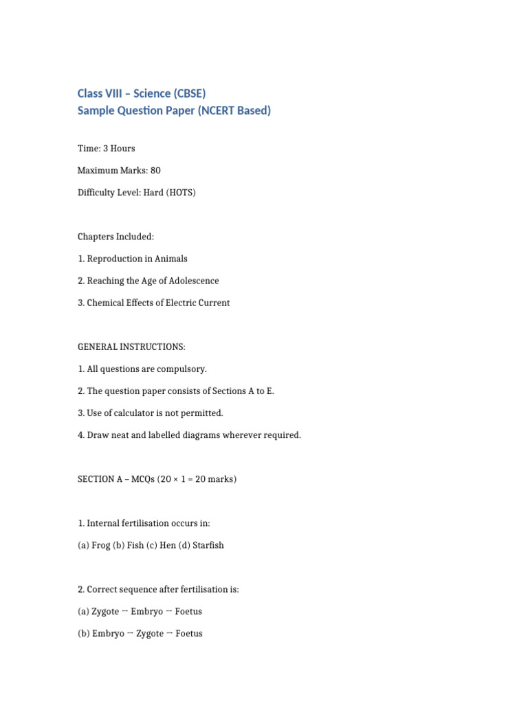 Class 8 Science Sample Paper NCERT Hard | PDF