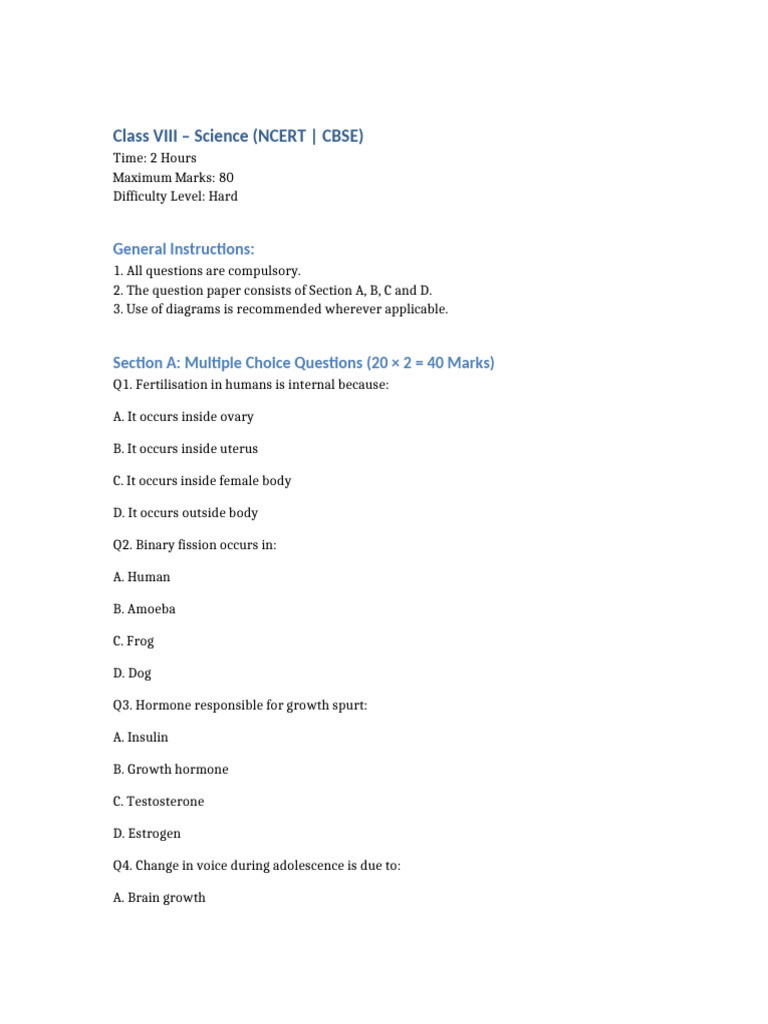 Class 8 Science 80 Marks Hard Test Paper | PDF | Endocrine System