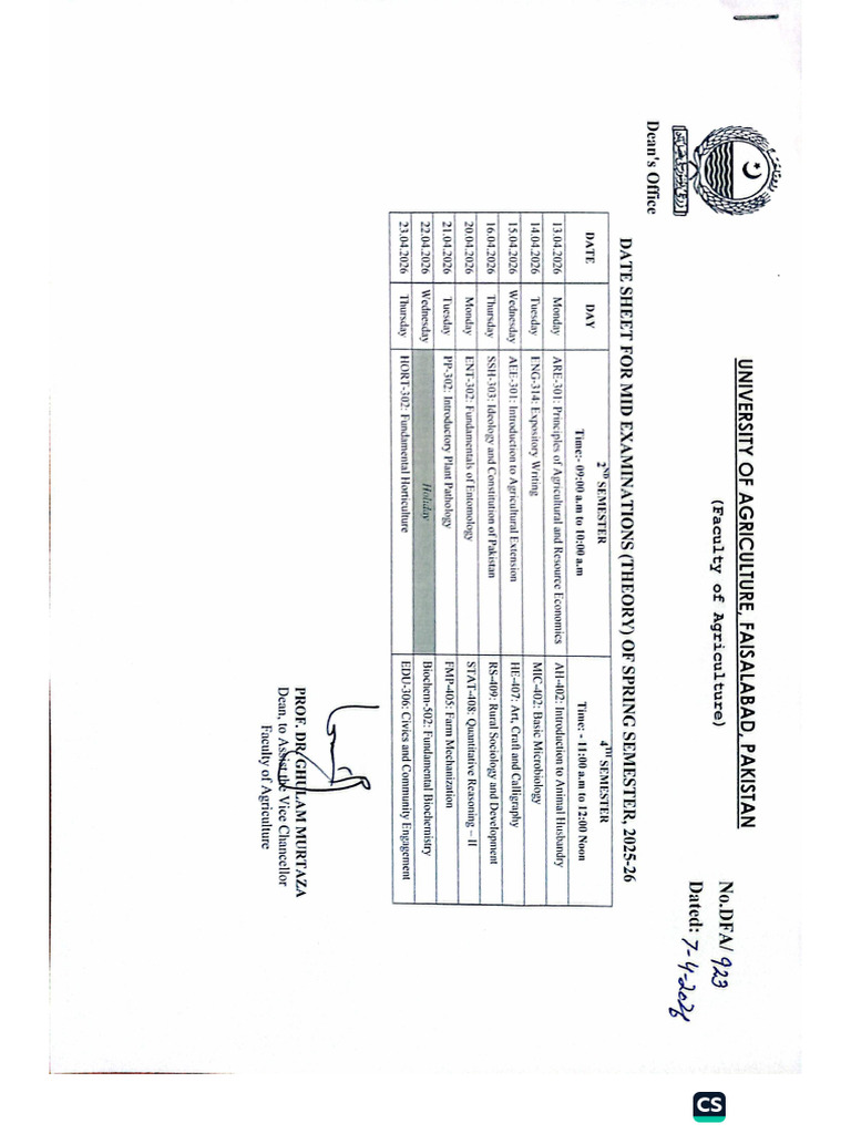 Mid Exams. Date Sheet Spring Semester, 2025-26 | PDF