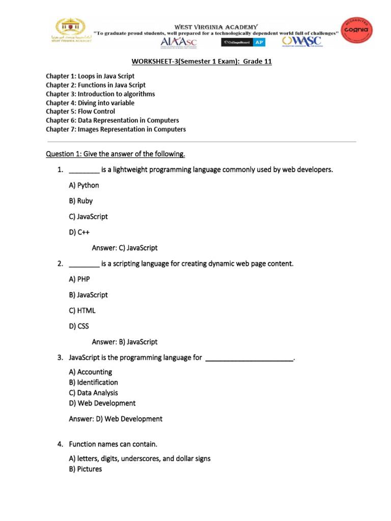 Grade 11 -Practice Worksheet, Sem1 Exam Answer Key (2) | PDF | Control ...
