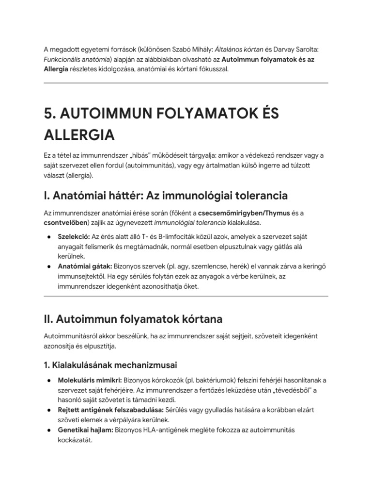 5. Tétel Autoimmun Folyamatok És Allergia_ Anatómia Kórtan 1 | PDF