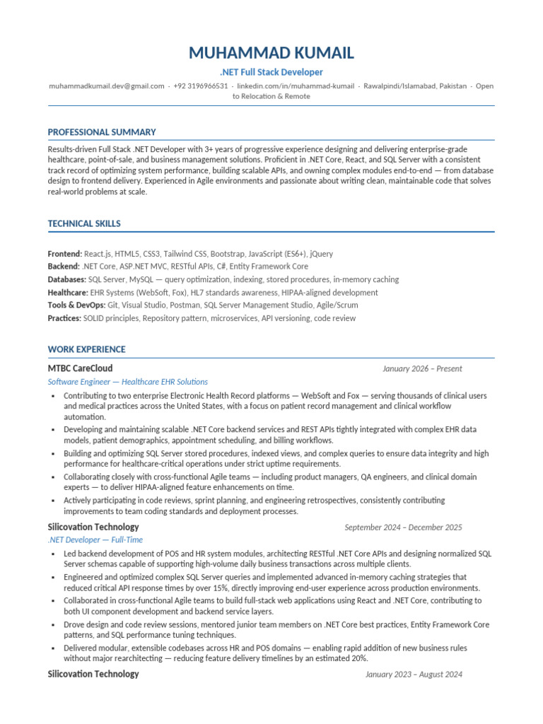 Muhammad Kumail Resume | PDF | Microsoft Sql Server | Entity Framework