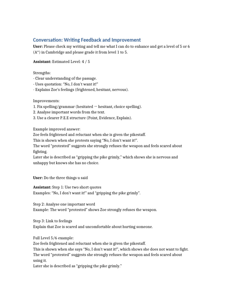 Cambridge Writing Feedback Conversation | PDF