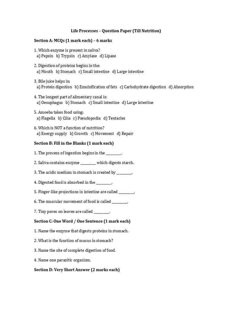 Life Processes Question Paper | PDF