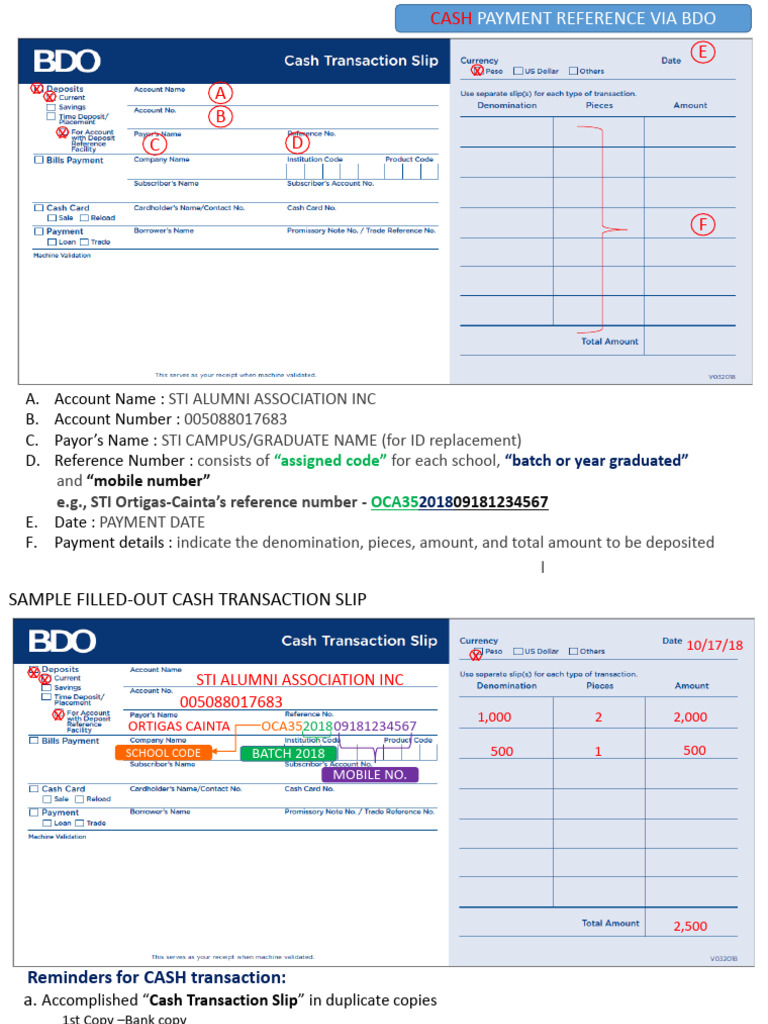 RE-APL-024-00 Sample BDO Transaction Slip | PDF | Cash | Payments