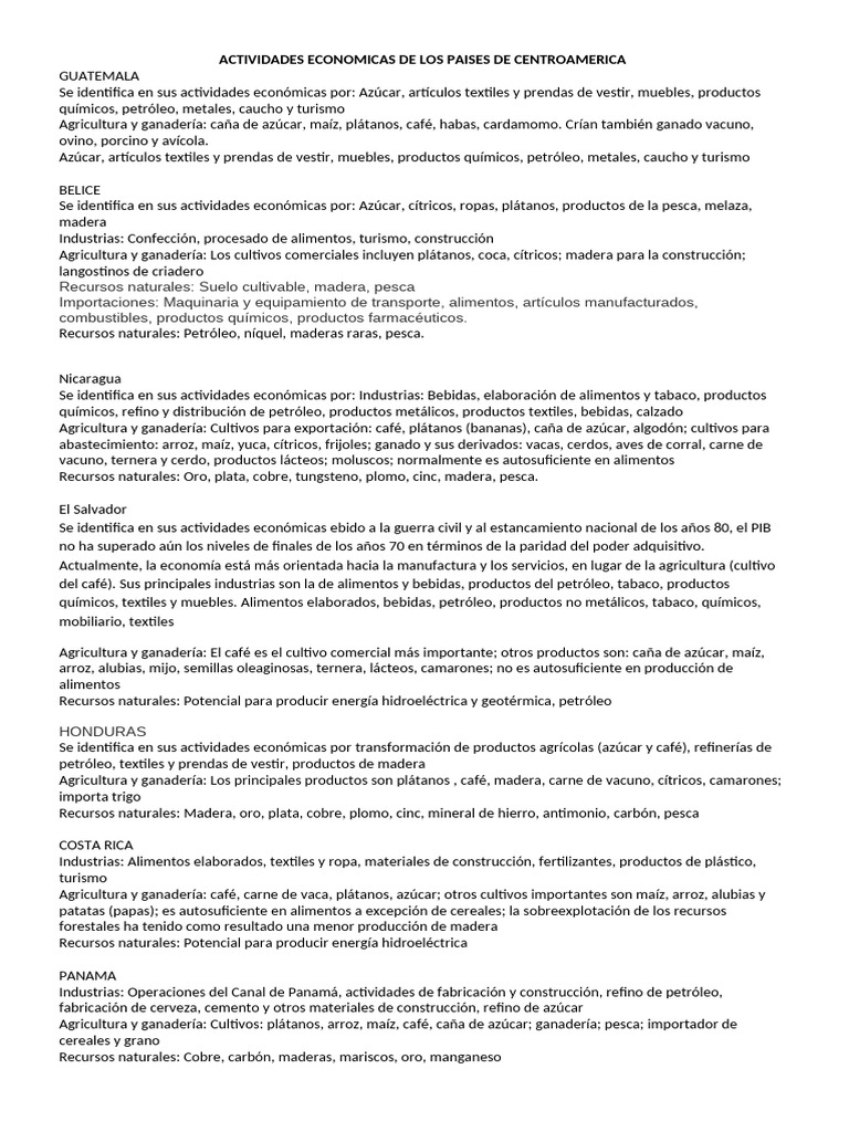 Actividades Economicas de Los Paises de Centroamerica | PDF ...