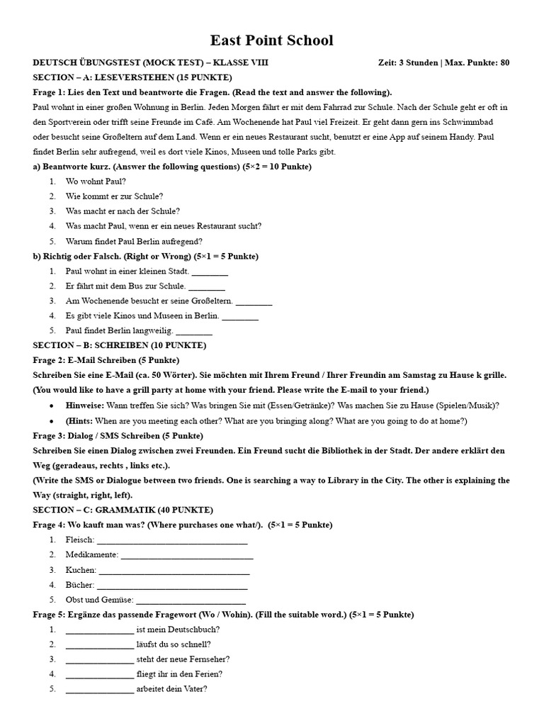 German Annual Exaam Class 8 | PDF
