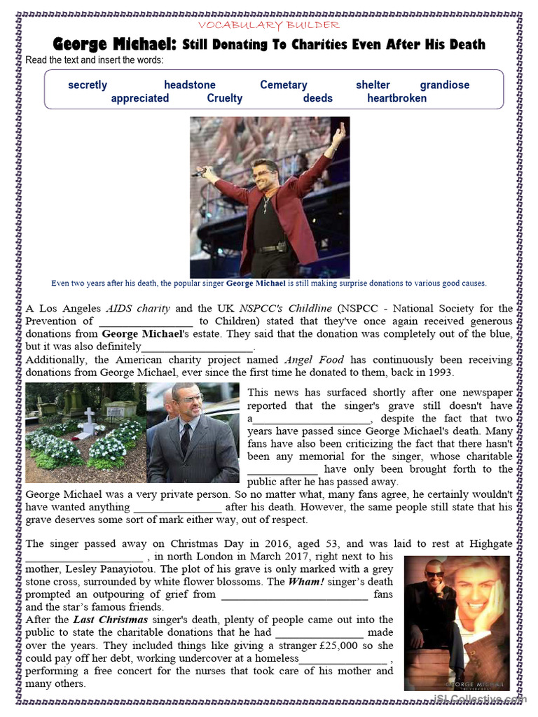 George Michael - Still Donating 2 Years After Death (VOCABULARY) | PDF