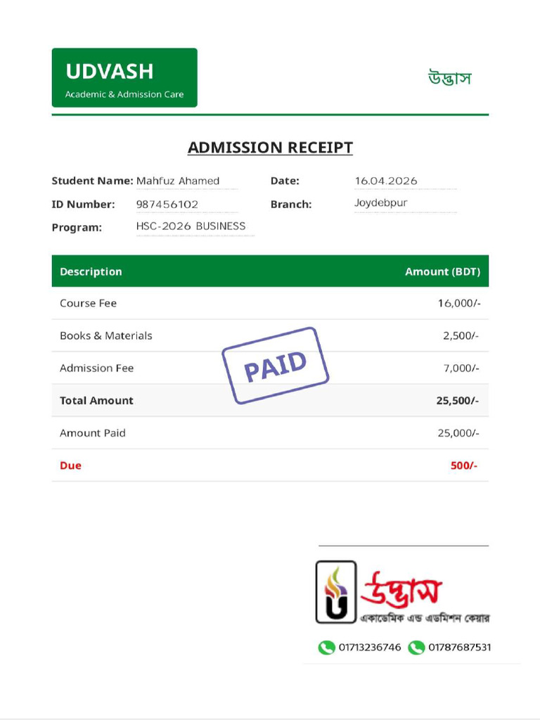 Admission Udvash Recipt 16042026 | PDF