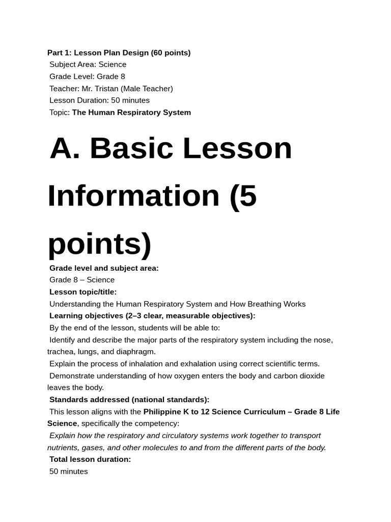 Part 1 Lesson Plan Design (60 Points) Subject Area Science Grade Level ...