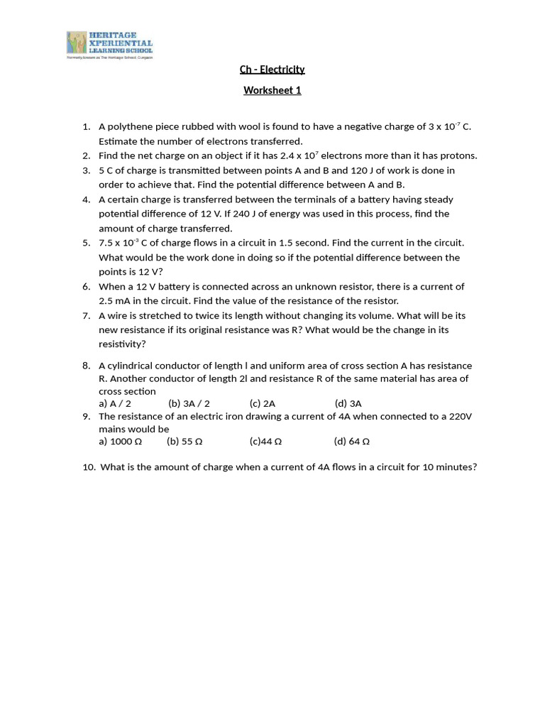Physics Worksheet 1 Electricty(Hxls) | PDF