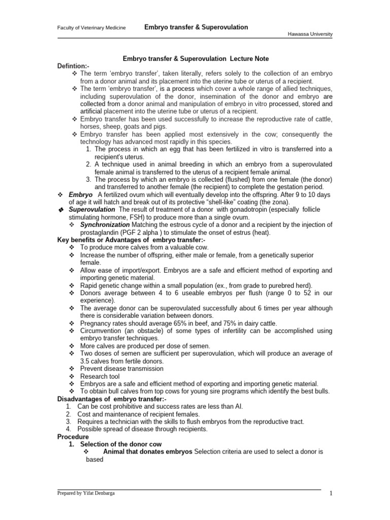 6 Embryo Transfer Lecture NOTE | PDF | Gonadotropin | Ovary