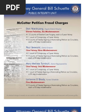 Michigan Attorney General Bill Schuettee Public Integrity Unit McCotter Petition Fraud Charges and Evidence of Possible Election Law Violations, 2012