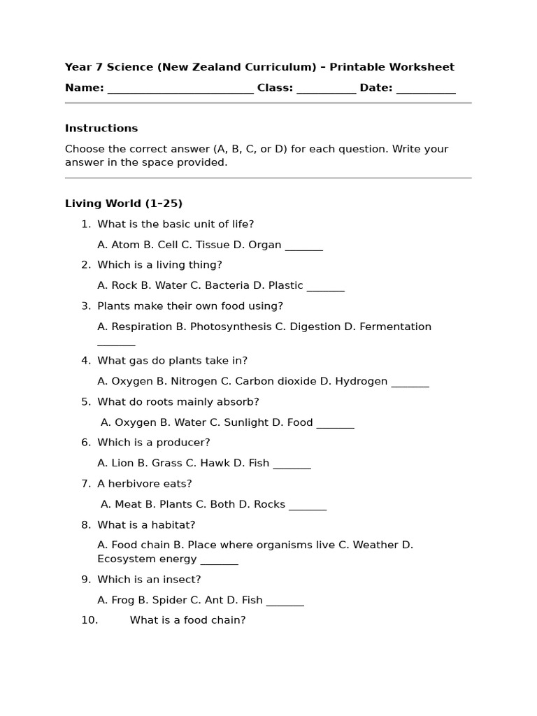 Year 7 Science - Set 2 (20 Apr 2026) | PDF | Foods | Liquids