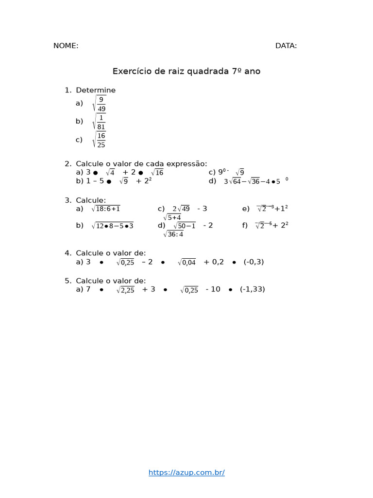PDF Exercício de Raiz Quadrada 7º Ano | PDF