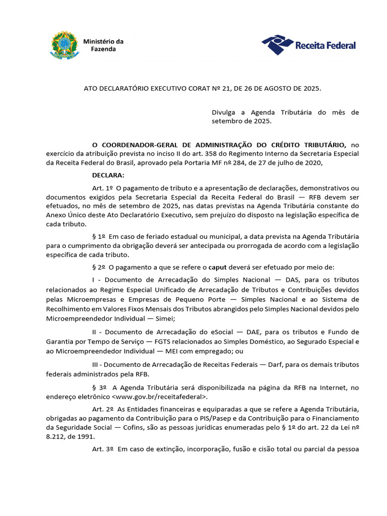 Ato Declaratório Executivo Corat #21, de 26 de Agosto de 2025 Agenda ...