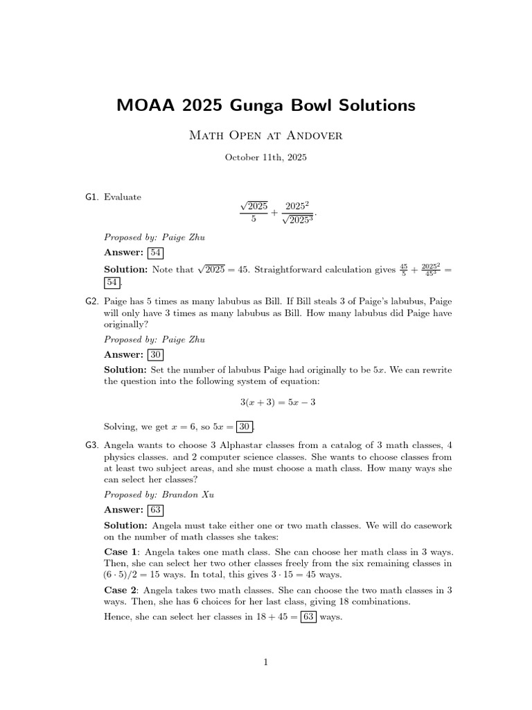 MOAA 2025 Gunga Solutions | PDF | Area | Euclidean Geometry