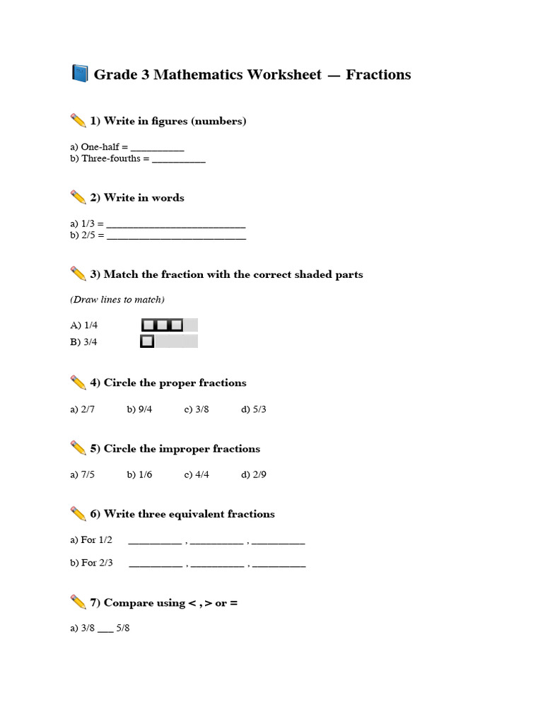 Grade 3 Mathematics Worksheet — Fractions | PDF