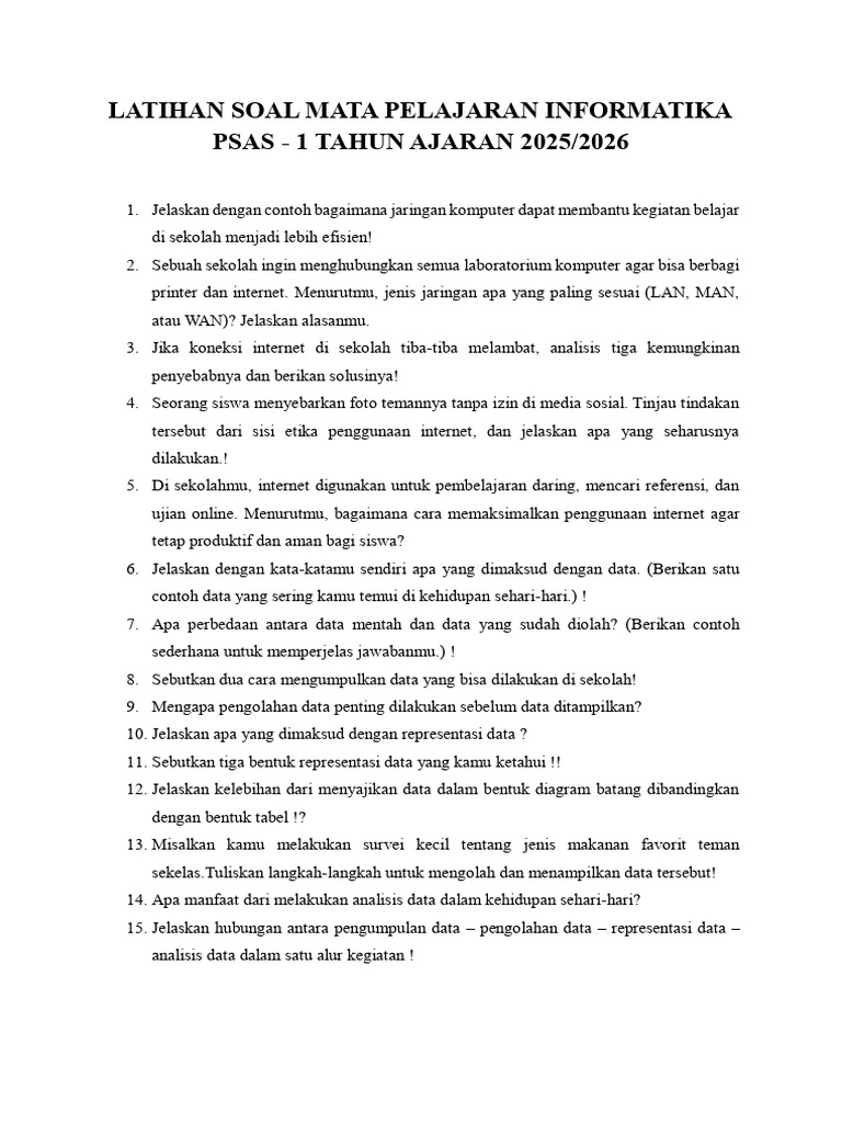 Latihan Soal Psas 1 25-26 Informatika Kelas x | PDF