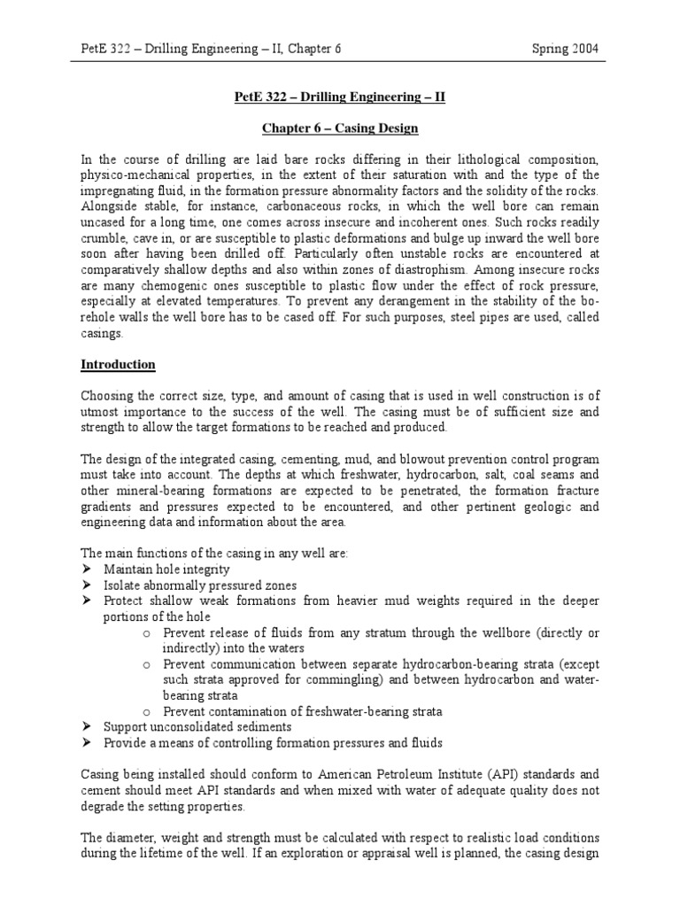 Pete 322 - Drilling Engineering - Ii Chapter 6 - Casing Design | PDF ...