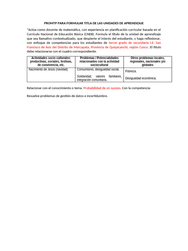 Promtp para Formular Titla de Las Unidades de Aprendizaje | PDF