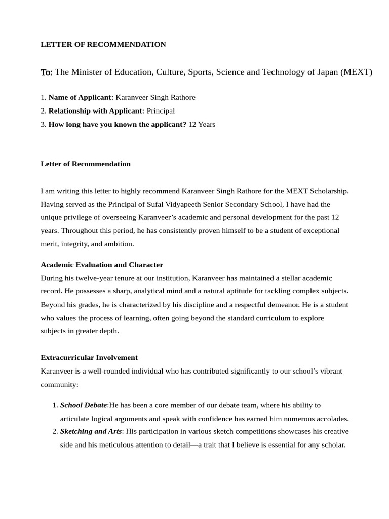 Letter of recommendation for mext | PDF | Cognition
