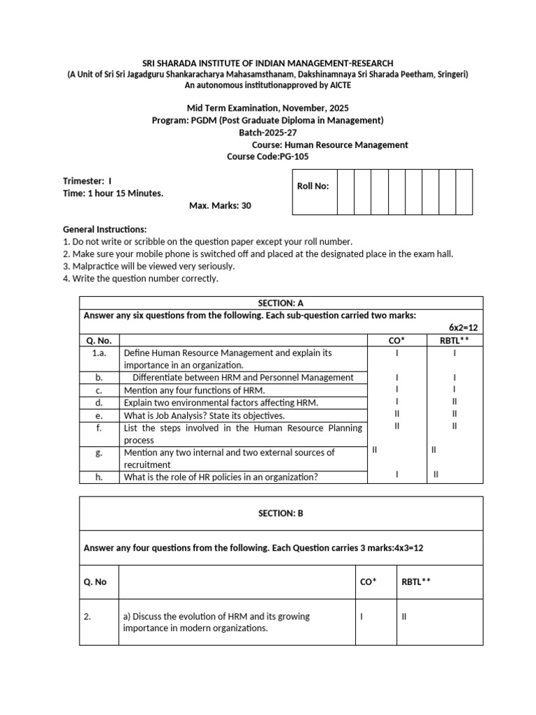 HRM-Mid Term Paper Sample | PDF | Human Resource Management | Human ...