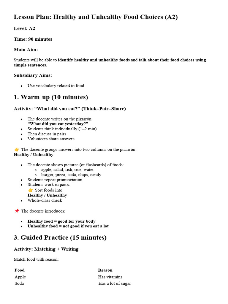 Lesson Plan Healthy and Unhealthy Food | PDF