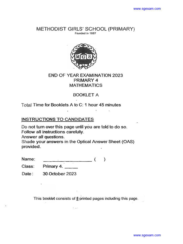 2023 P4 Maths End of Year Exam MGS | PDF