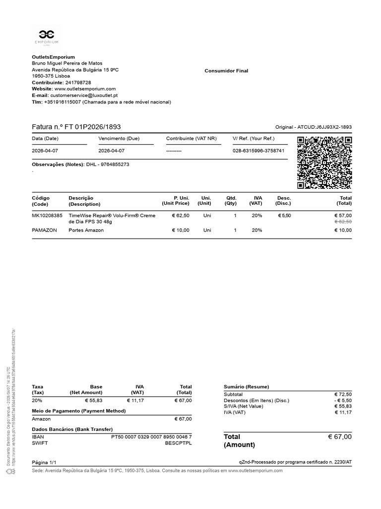 Invoice | PDF | Imposto sobre Valor Agregado (IVA) | Pagamentos