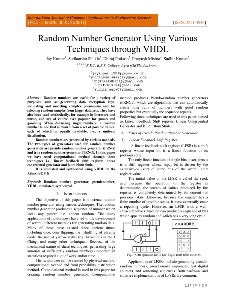 VHDL Random Number Generator Techniques | PDF | Computer Engineering ...