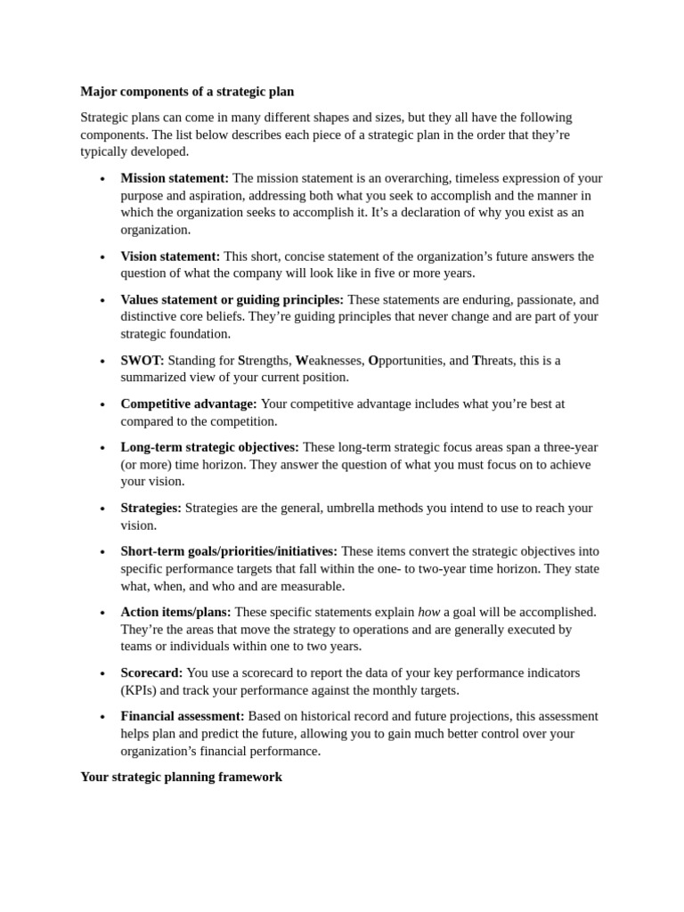Major Components of a Strategic Plan | PDF | Strategic Planning ...