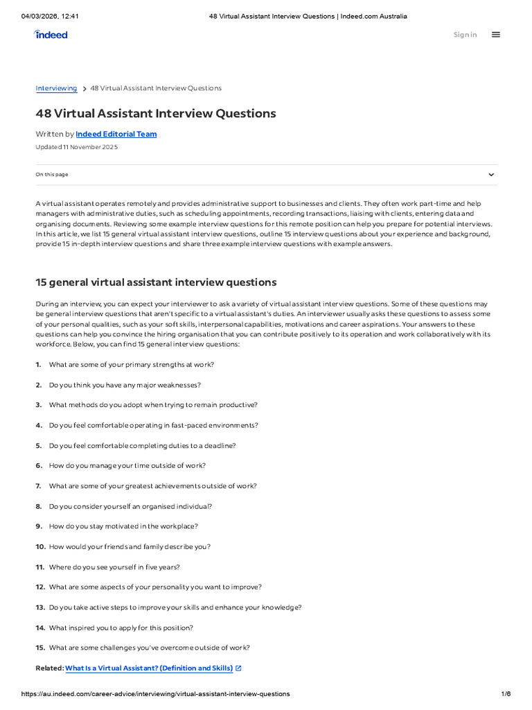 48 Virtual Assistant Interview Questions _ Indeed.com Australia | PDF ...