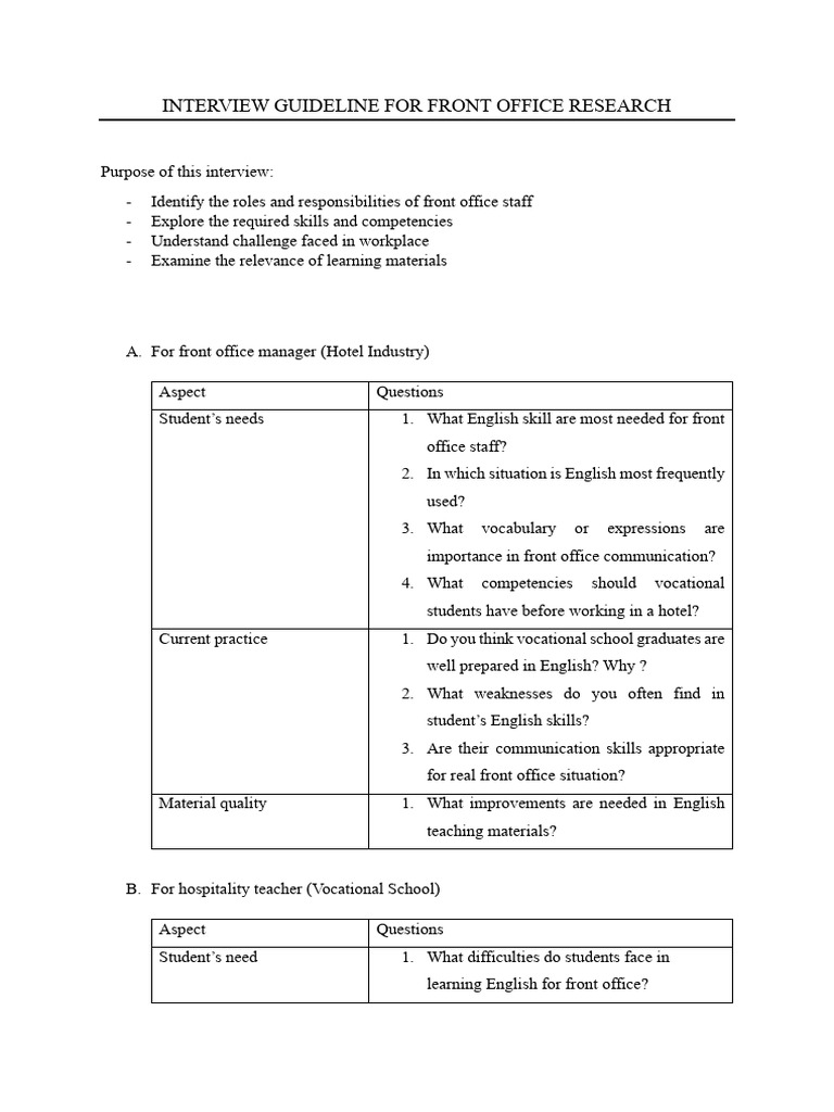 Interview Guideline for Front Office Research | PDF