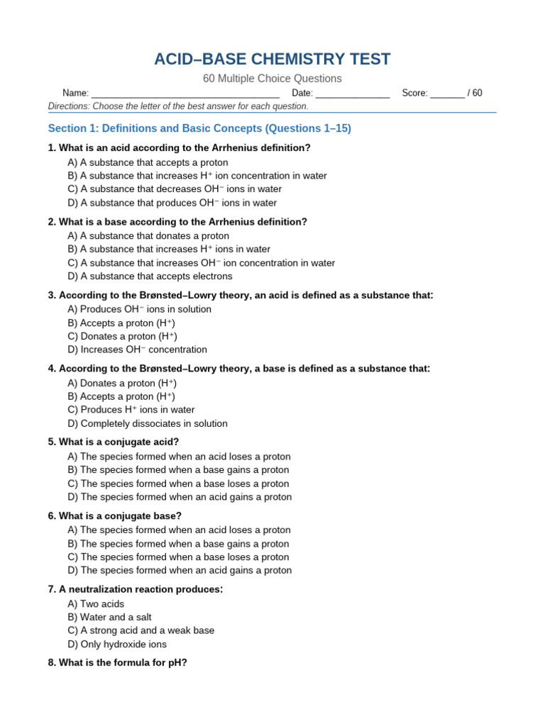 Acid Base Chemistry Test | PDF | Acid | Ph